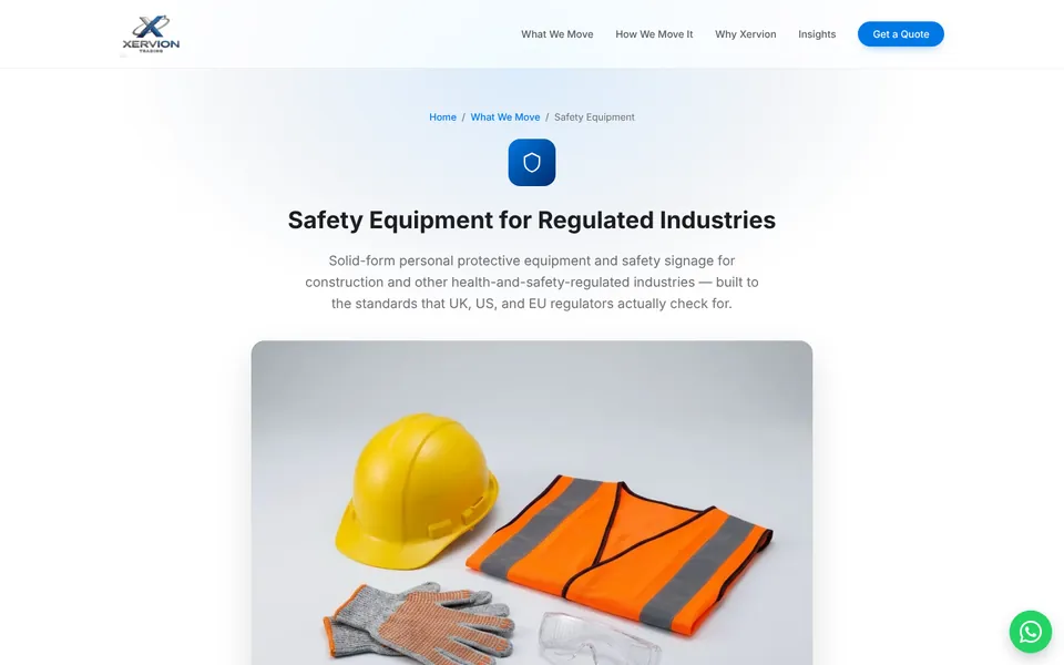 Safety Equipment page, Xervion Trading website